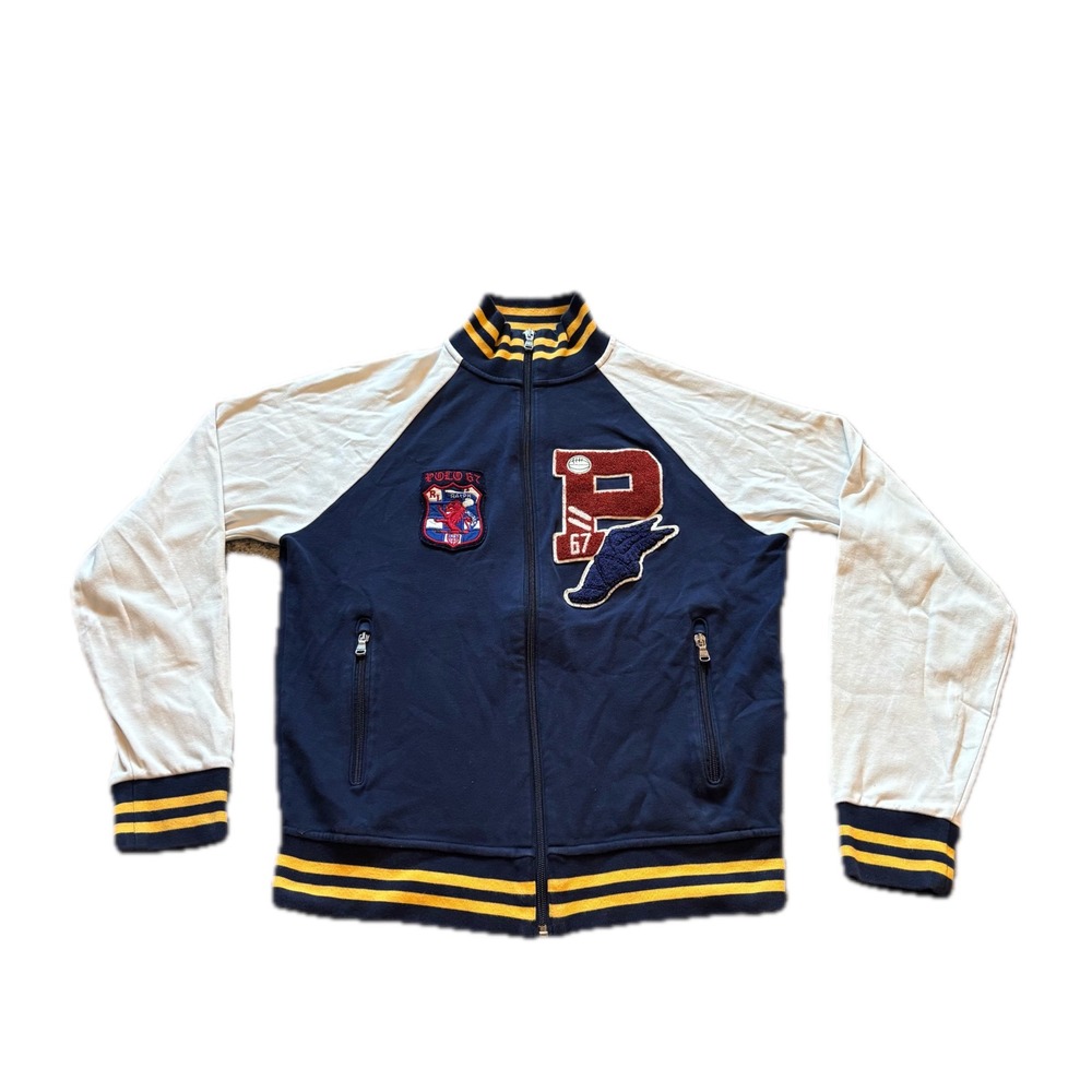 Polo Ralph Lauren Mens Navy White Varsity Track Jacket Chenille P Patch Small